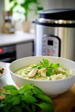 thai green curry chicken in bowl slow cooker recipe created with generative AI