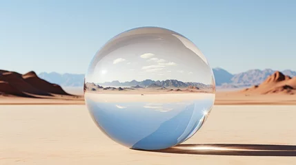 Fotobehang Floating sphere reflecting a desert within a desert. Generative AI © GMZ