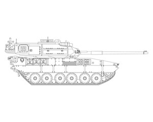 Main battle tank in line art. Armored fighting vehicle. Special combat military transport. Detailed PNG illustration.