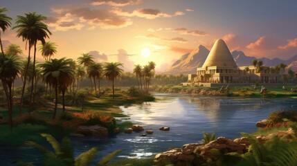 Sacred Nile flows gracefully, bestowing life upon the fertile lands, nourishing crops and sustaining a thriving civilization. Generative AI