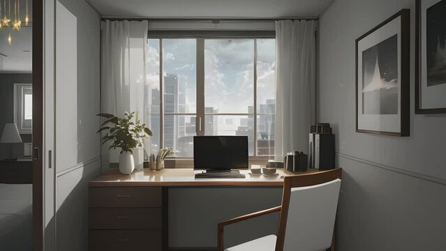 setup workspace at home with computer desk near open window. Cartoon or anime illustration style. seamless looping virtual video animation background.