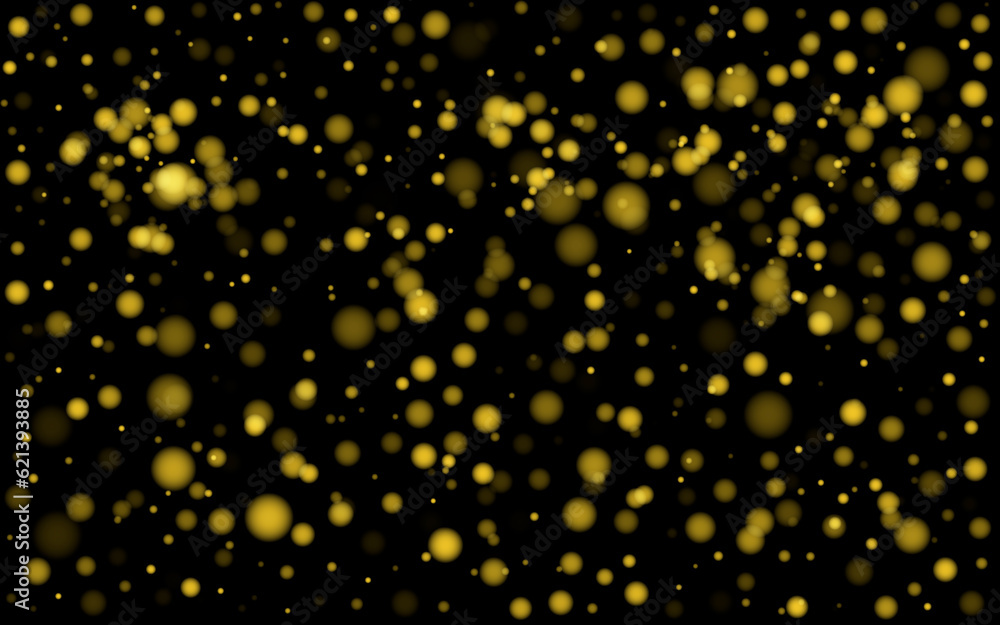 Poster golden glowing bokeh and sparkle texture on black background. glowing yellow bokeh circles for your 