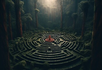 Fototapeta A circular maze in the middle of a forest. Generative AI image. obraz
