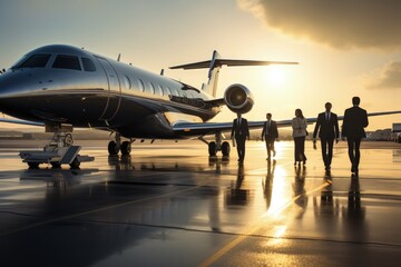 Pilots and passengers walking towards a luxury private jet at an airport terminal.