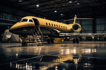Private jet being serviced in aircraft hanger