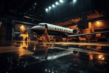 Private jet being serviced in aircraft hanger - obrazy, fototapety, plakaty