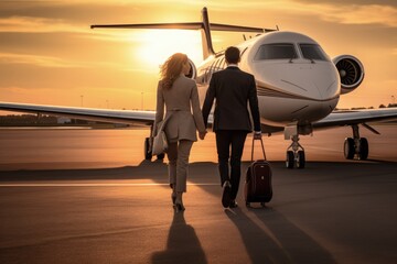 Wealthy couple with bags walking towards a luxury private jet at sunset