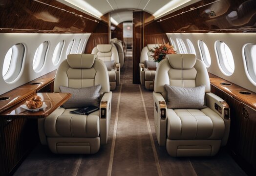An interior view of a high-end Private Jet with Luxury white leather seats and an exotic hardwood tables.