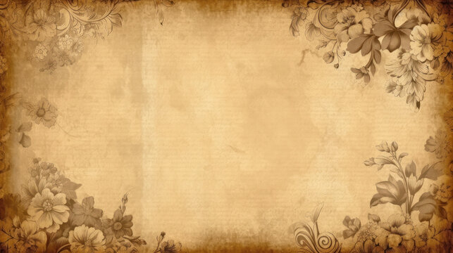 Vintage paper texture background with floral border and scroll banner
Ai Generative