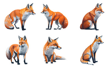 Fox in different poses. Vector set illustration realistic hand drawn watercolor.