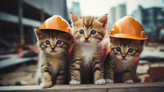 Three kittens wearing hard hats on a construction site. Generative AI image.