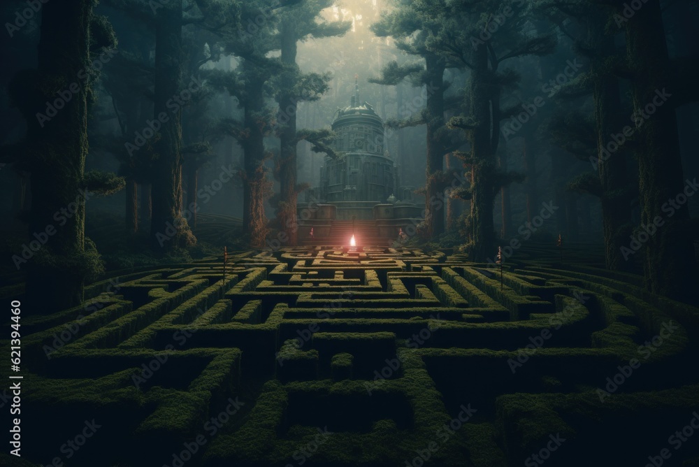 Poster a maze in the middle of a forest at night. generative ai image.