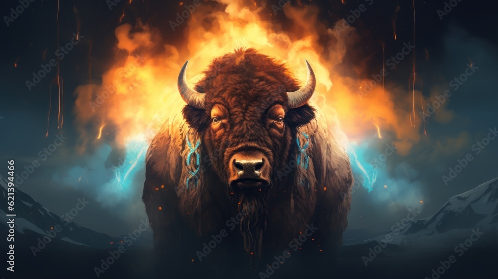 Poster a bison standing in front of a mountain covered in flames. generative ai image.