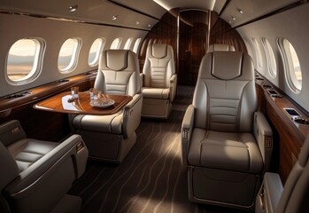 An interior view of a high-end Private Jet with Luxury white leather seats and an exotic hardwood tables.