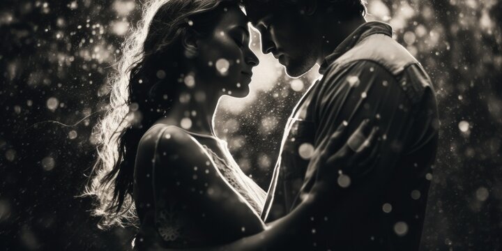 A black and white photo of a couple in the rain. Generative AI image.