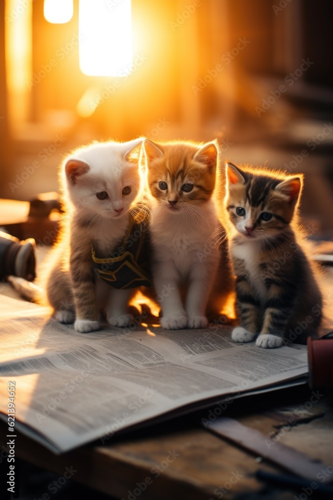 Poster a group of kittens sitting on top of a table. generative ai image.