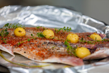 Traditional anchovy fish (Pomatomus saltador) seasoned ready to be baked in the oven