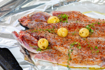 Traditional anchovy fish (Pomatomus saltador) seasoned ready to be baked in the oven