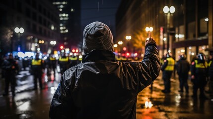Obraz na płótnie Canvas A man in a black jacket holding an umbrella. Generative AI image.