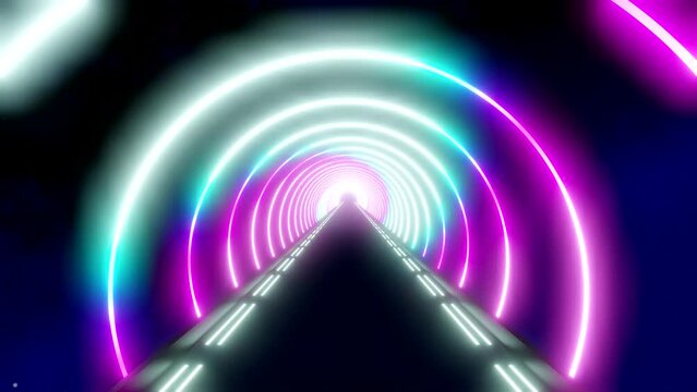 Moving forward inside futuristic tunnel with round ultraviolet, pink, purple and blue neon lights - 3D 4k seamless loop animation (7680x4320px)