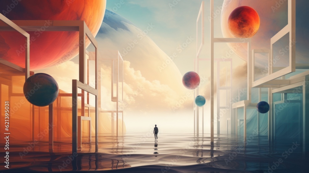 Aufkleber a person standing in a room with planets in the background. generative ai image.