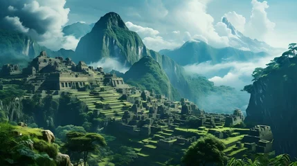 Papier Peint photo Machu Picchu Majestic ruins nestled amidst breathtaking mountainous backdrop