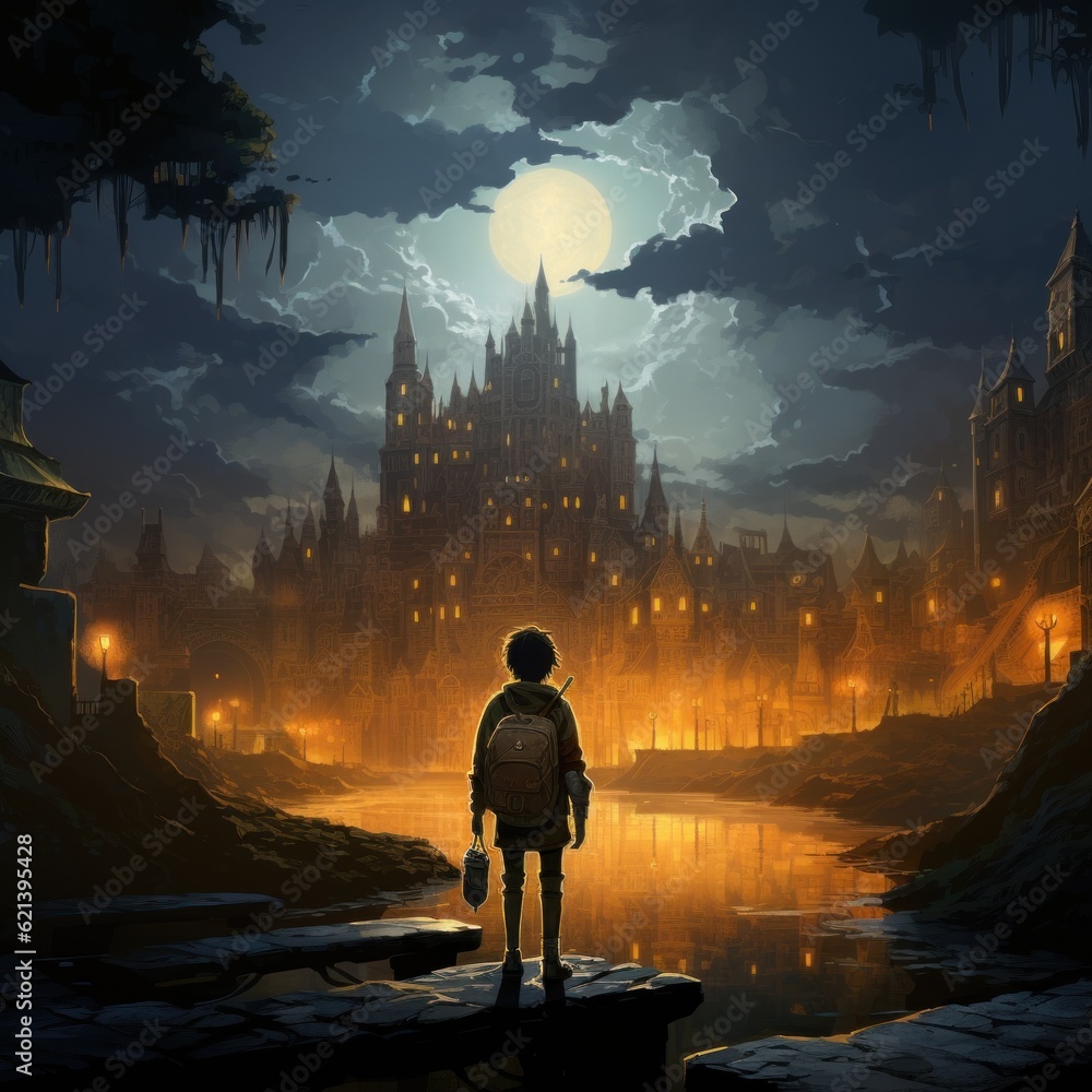 Poster a person standing on a ledge in front of a castle. generative ai image.