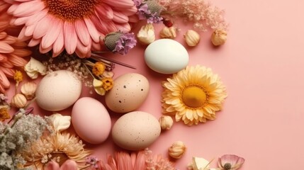 Fototapeta na wymiar Happy Easter Day banner concept design of colorful eggs and flowers on pastel background