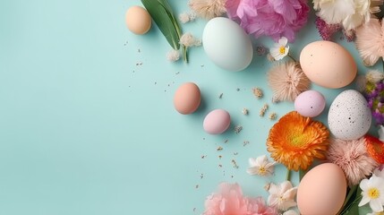 Naklejka na ściany i meble Happy Easter Day banner concept design of colorful eggs and flowers on pastel background
