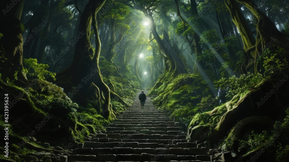 Aufkleber a person walking up a set of stairs in a forest. generative ai image.