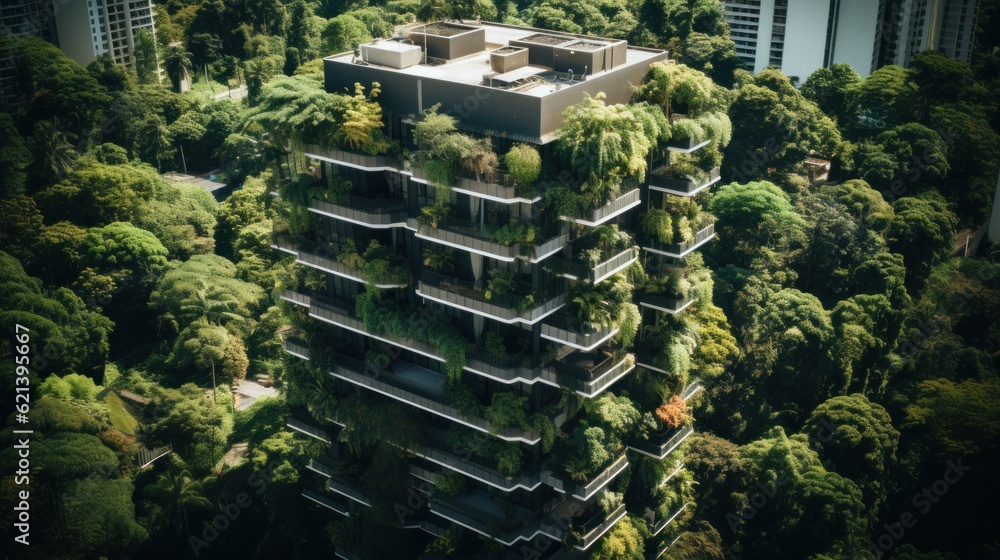 Aufkleber a very tall building with lots of trees on top of it. generative ai image.