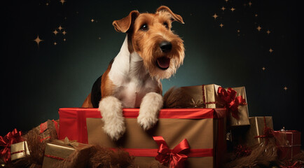 christmas fox terrier dog with gift boxes on top generativa IA