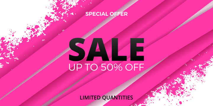 Sale banner with stripes and pink ink splashes.