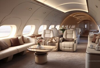 An interior view of a high-end Private Jet with Luxury white leather seats and an exotic hardwood tables.