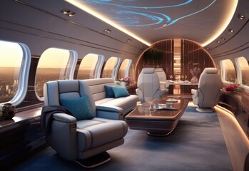 Fototapeta premium An interior view of a high-end Private Jet with Luxury white leather seats and an exotic hardwood tables.
