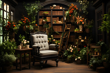 Obraz na płótnie Canvas vintage room full of green plants and books with a chair, studio shot backdrop