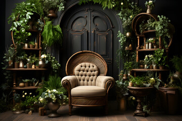 vintage room full of green plants with a chair, studio shot backdrop