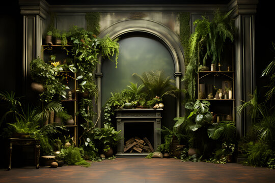 vintage room full of green plants studio shot backdrop