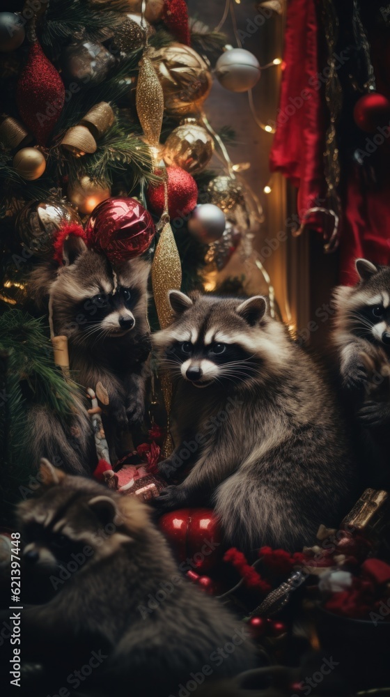 Poster a group of raccoons sitting in front of a christmas tree. generative ai image.