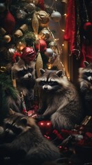 Naklejka na ściany i meble A group of raccoons sitting in front of a christmas tree. Generative AI image.