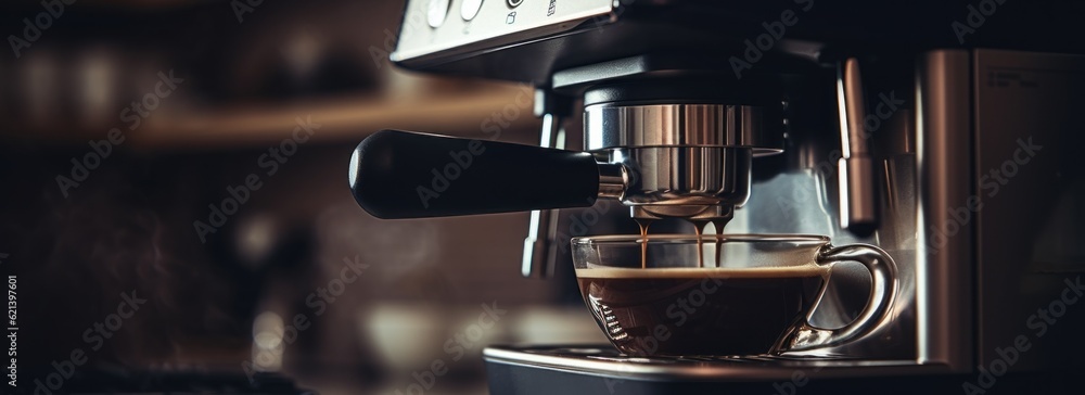 Poster a coffee machine with a cup of coffee in front of it. generative ai image.