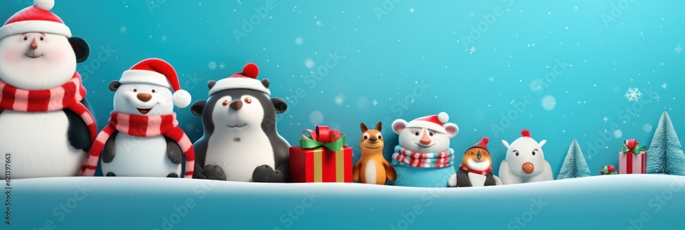 Poster a group of snowmen standing next to each other. generative ai image.