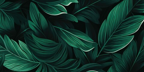 Hand-Drawn Tropical Foliage in Abstract Line Art, A Vibrant Leaf Wallpaper for Banner, Prints, and Decorative Fabric"   Generative AI Digital Illustration