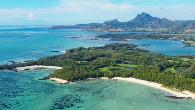 Aerial view of ile aux Cerfs island with bays in Mauritius Africa.
