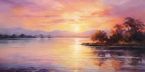 lavender color  oil painting showcasing a lavender sunset over a calm lake Generative AI Digital Illustration
