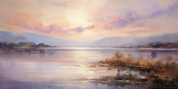 lavender color  oil painting showcasing a lavender sunset over a calm lake Generative AI Digital Illustration