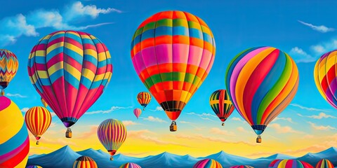 Vibrant Hot Air Balloons against a Blue Sky - Aerial Spectacle - Bold Colors & Soft Morning Light   Generative AI Digital Illustration