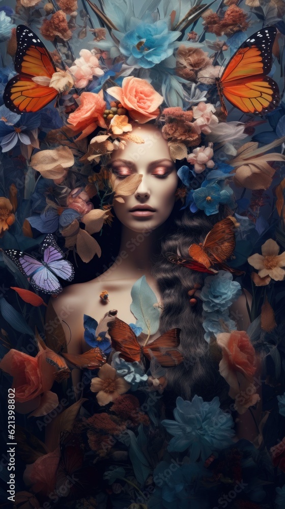 Wall mural A woman surrounded by flowers and butterflies. Generative AI image.