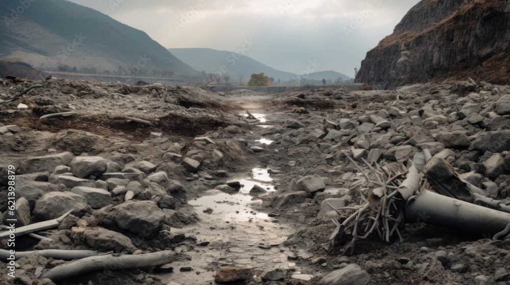 Poster a stream running through a rocky river bed. generative ai image.