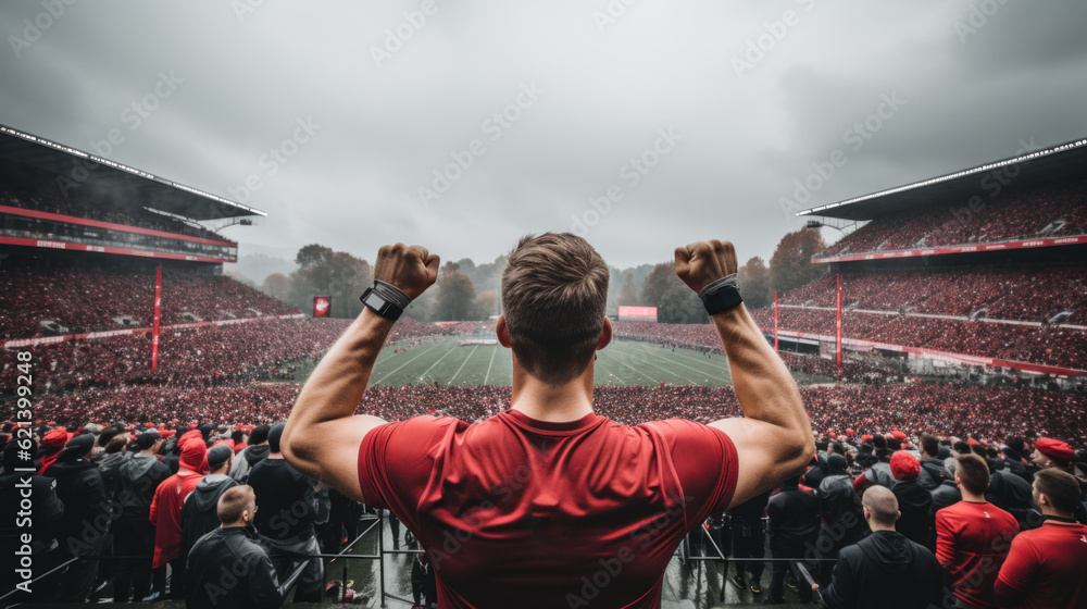 Poster a man standing in front of a crowd with his hands in the air. generative ai image.